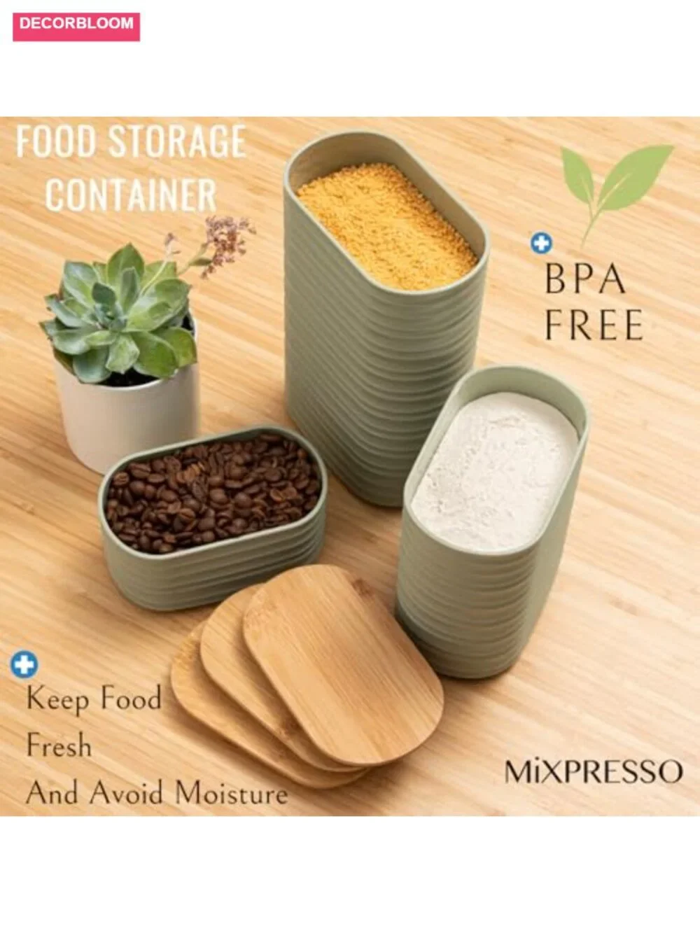 3-Piece Airtight Plastic Food Storage Canister Set with Bamboo Lids